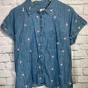 Style & Co  Denim Shirt Sz L Button Down Slits Embroidered Mushrooms Novelty Fun‎ Photo 0