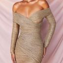 House Of CB NWT  Felicity Gold Ruched Mesh Off Shoulder Dress Photo 0