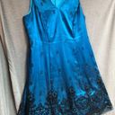 Onyx  night sleeveless teal satin dress with black mesh overlay, and black design Photo 5