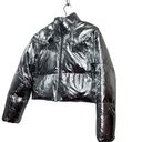 Pretty Little Thing  silver Metallic crop puffer jacket. Size 2 Photo 4