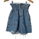 ZARA  High Rise Denim‎ Shorts Paper Bag Button Fly Blue Cut Off Women's Size 0 Photo 4