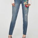 ZARA Light Wash Denim Floral Rose Embroidered Studded Raw Hem Skinny Jeans NEW Photo 1