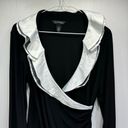 White House | Black Market  Black Wrap Blouse White Satin & Lace Collar & Cuffs M Photo 3