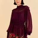 Farm Rio NWOT  Ruffle High Neck Blouse in Burgundy Photo 0