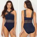 Kenneth Cole  Black One Piece Cross Neck Illusion Striped One Piece Swimsuit, M Photo 7