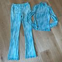 superdown  Mesh Mock Neck Top and Flare Pants in Aqua Stripe Photo 0