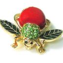 Joan Rivers  Red APPLE BEE PIN Brooch Pave Crystal Rhinestones Green Leaf Enamel Photo 0