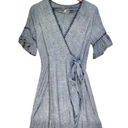 Moon River Heather Gray Blanket Stitch Linen Blend Ruffle Wrap Mini Dress Photo 4