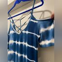 Caution to the Wind  Blue & White Tie Dye Off-the-Shoulder Fitted Maxi Dress - M Photo 7