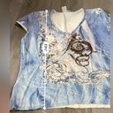 Alberto Makali  Blue White Brown Embroidered Beaded Geometric Short Sleeve Top XL Photo 9