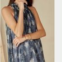 Joie  Floral Print A Line Mini Dress Silky Pleated High Neck Navy NEW Womens L Photo 2