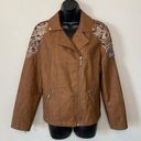 Chico's  Tan Faux Leather Jacquard Mixed Media Moto Jacket Southwestern Sz Medium Photo 0