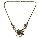 The Bar VTG Coro Gold Pastel Rhinestone Flower NECKLACE 16”  Link Chain Multi Color Photo 3