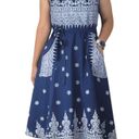 None Navy Blue Wrap Midi Dress Boho Print Fit And Flare A-line Pockets Summer Casual Photo 0