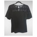 Adrianna Papell  Black Short Bubble Sleeve Lace Top Keyhole Business Casual Top M Photo 1