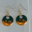 So Pretty Hoop Dangle Vintage Pierced Earrings Gold Tone Teal & Ran Enamel Multiple Photo 3