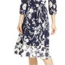 Eliza J  Floral Print Faux Wrap V-Neck Waist Tie Dress Blue White Size 4 NWT Photo 0