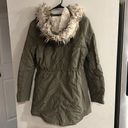 American Eagle  Women’s Olive Green Faux Fur Hood Toggle Button Coat Size S Photo 1