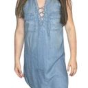 SO  Brand DENIM DRESS Womens XS Sleeveless Criss Cross Tie Front Pockets Collar Photo 0