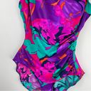 Vtg Y2K Abstract Swim One Piece Sz 16 High Cut Neon Floral Print Ruched Pink Photo 4