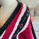 Vintage Cable Knit Heart Embroidery Cardigan Sweater Black Red Size L Photo 3