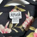 Krush VTG  Black Pink Floral Hawaii Top Buttons Crinkle Rayon Notched Collar Sz M Photo 2