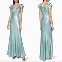 Badgley Mischka  Aqua Sequin Gown Blue Cap Sleeve NWT Size 6 Photo 1