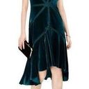 Neiman Marcus  Green Velvet Flutter Sleeve High-Low Flounce Hem Midi A Line Dress Photo 0