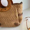 Fossil  Tan Woven Leather Wooden Top Handle Crossbody Medium Tote Bag Photo 8