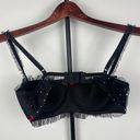 Frederick's of Hollywood  Black Red Burlesque Mesh Demi Bedazzled Ruffle Mesh Bra Photo 3