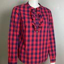 Draper James Draper Jane button up shirt 8 long sleeve plaid western ruffle navy blue red Photo 0