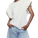 ZARA  Trimmed T-Shirt White Top Gold Black Knit Cap Sleeve Ruffle Crew Neck Small Photo 1