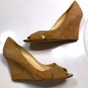 Kate Spade  Women’s Leather Suede Camel-Colored Crossover Front Peep Toe Wedges Photo 3