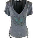 Apt. 9  Gray Ribbed Top with Turquoise and Rhinestone Butterfly Size Medium Photo 22