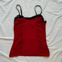 Cache Red & black corset style ruched cami top with black floral lace detailing Photo 0