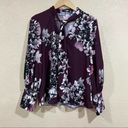 Natori  Purple Floral Neck Tie Button Down Blouse Photo 3