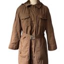 Vintage 70s Belted Winter Coat Hooded Cargo Parka Faux Fur Lined Chocolate Brown Size M Photo 9