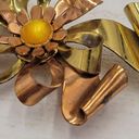 Vintage Two Tone Copper & Gold Ribbon Flower Brooch Pin Yellow Faux Pearl Stone Photo 7