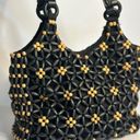 Nine West VTG Y2K Boho Style  Handcrafted Black Tan Wood Bead Flower Bag Photo 2