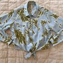 Joie  Blue & Green Leaf Pattern Tied Cropped Button Down Blouse - Medium Photo 3