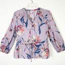 A New Day  Lavender Floral Tie Waist Notch Neck Long Sleeve Blouse Shirt Top Sz S Photo 0