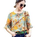 Mulberry Lonyuash 100%  Silk Floral Sheer Flare Cutout Sleeves Front Tie Blouse S Photo 0