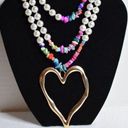 Boho Funky Statement Heart Gold Tone Colorful Stacked Stone Faux Pearl Necklace Photo 0