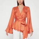 BCBGMAXAZRIA  Dotted Satin Wrap ASYMMETRIC BLOUSE Top Long Sleeve Orange S NEW Photo 2