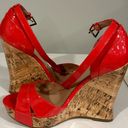 Guess  Kalisa Pep Toe Platform Wedge Cork Shiny Sandals Patent  Coral Red Sz. 7 Photo 1