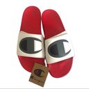 Champion  red soled with white strap and gray C logo slide sandals.
Size: 12 US Photo 1