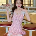 One Piece Japanese Kawaii Summer Red White Plaid Lace Ribbon Bow Y2K  Mini Dress Photo 6