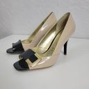 Unisa  Womens Shoes Size 7.5 Tan Black Patent Leather Peep Toe Slip On Heels Photo 32