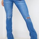 Pretty Little Thing Mid Blue Distressed Knee Flare Jean Photo 1