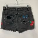 Hummingbird Black denim high waisted shorts with flower embroidery and  butterfly Photo 1